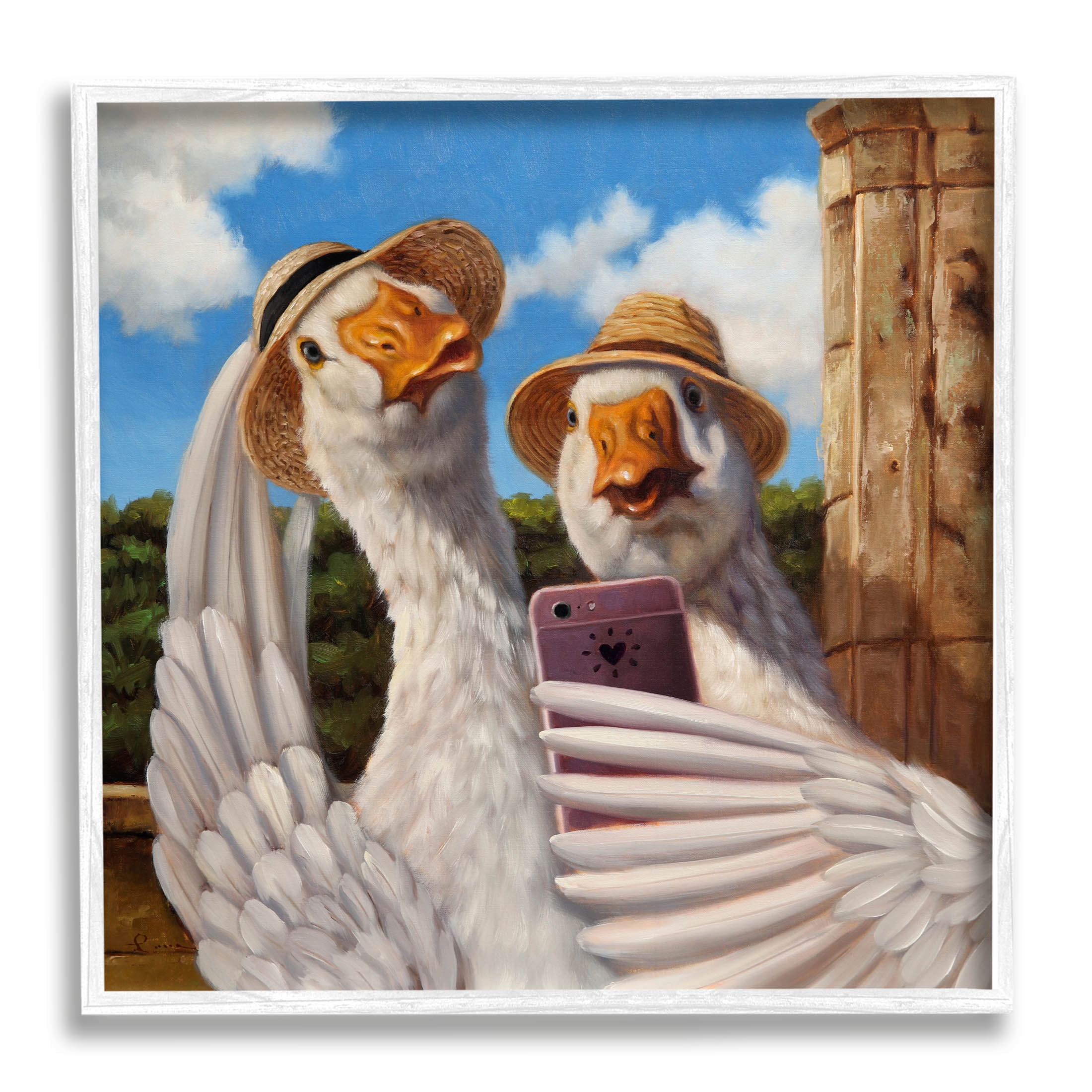 Goose Friends Selfie Scene Animals & Insects Painting White Framed Art Print Wall Art