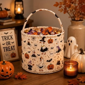 Goose Halloween Fabric Treat Basket, Polyester Candy Holder with Handle, Spooky Fall Party Decor and Seasonal Gift