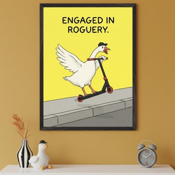 Goose Kick Scooter Mischievous Bird Whimsical Rogue Wall Decor Unframed Paper Print