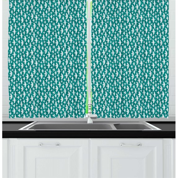 Goose Kitchen Curtains, Closely Aligned Flying Geese Pattern Spring Time Lake Elements Nature Themed, Two Panels Drapes with Rod Pocket Room Decor, 55" X 45", Teal and White, by Ambesonne