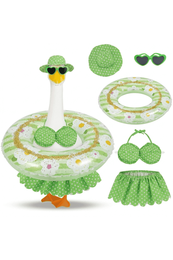 Porch Goose Hawaiian Outfit for 23-inch Lawn Statue, 5-Piece Green Bikini Set with Hat, Sunglasses and Swim Ring