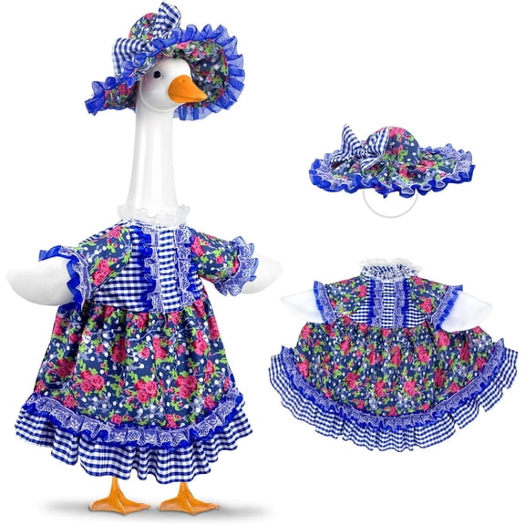 Goose Outfit Summer Porch Goose Outfits Rose Flower Yard Goose Clothes Outfit for 23" Statue Patio Garden Decoration (Blue)