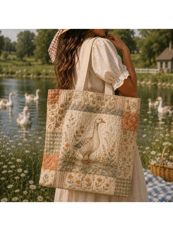 Goose Patchwork Tote Bag Vintage Farmhouse Floral Tote Country Cottagecore Bag, Rustic Farmhouse Gift ,Goose Lover Gift