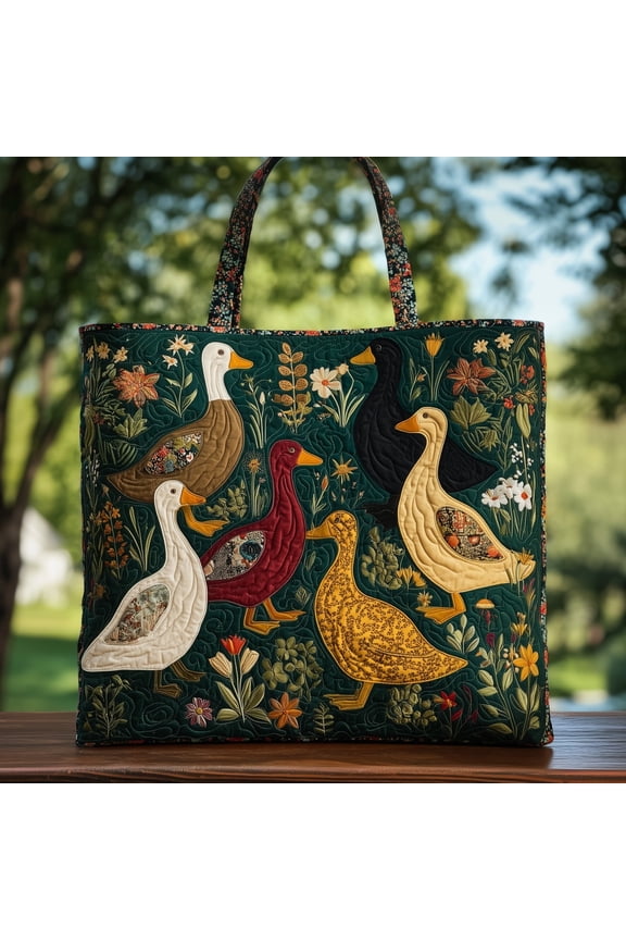 Goose Print Quilted Tote Bag, Floral Garden Bird Pattern Shoulder Tote, Cottagecore Shopping Bag