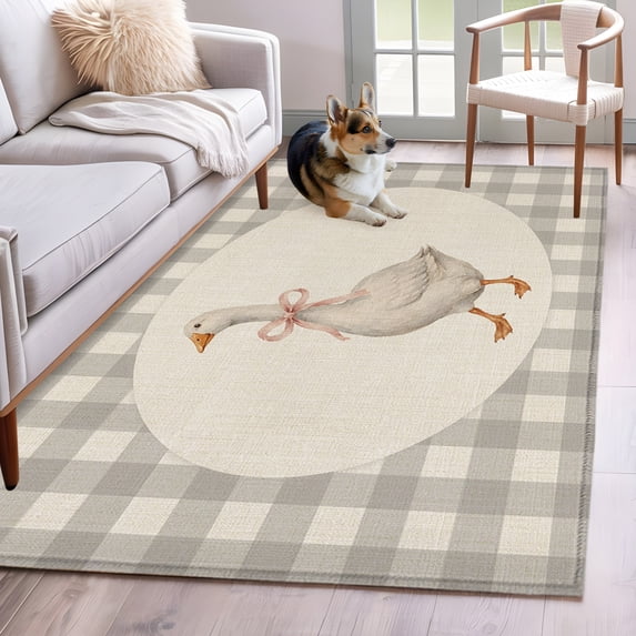 Goose Ribbon Tie 2.7x5 Hallway Washable Runner Rug Gray Plaid Modern Funny Animal Rustic Low-Profile Large Area Rugs Non Slip Backing Indoor Floor Carpet for Entrance Living Room Bedroom Home Office