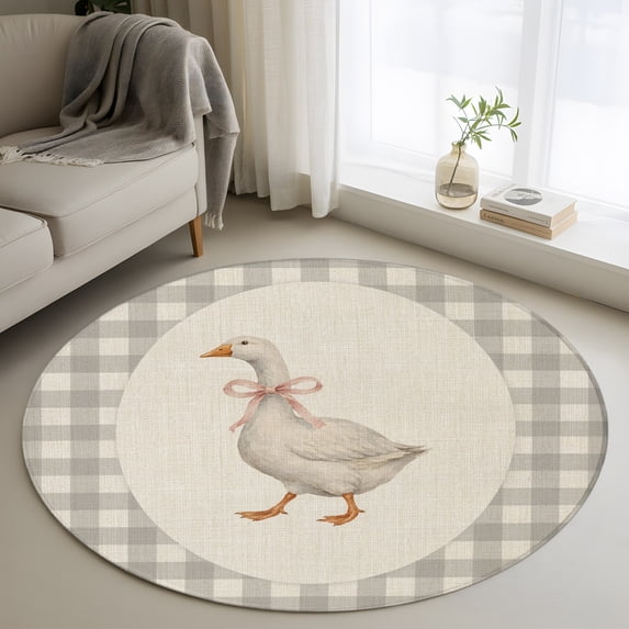 Goose Ribbon Tie 4FT Round Area Rugs Gray Plaid Modern Funny Animal Rustic Soft Small Round Rug Non-Slip, Ultra-Thin Circle Carpet for Bedroom Entryway Kitchen Bathroom