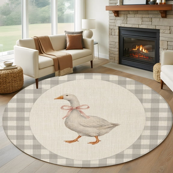 Goose Ribbon Tie 8FT Round Area Rugs for Living Room Gray Plaid Modern Funny Animal Rustic Ultra-Thin Non-Slip Round Rugs Machine Washable Low Pile Circle Carpet for Bedroom Kitchen Nursery