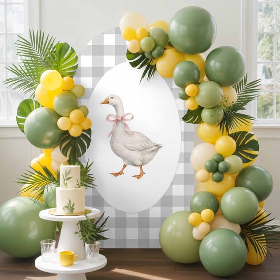 Goose Ribbon Tie Arch Backdrop Cover, 5FT, Gray Plaid Modern Funny Animal Spandex Arch Covers Double-Sided Backdrop for Wedding Birthday Party Photo Background Decoration