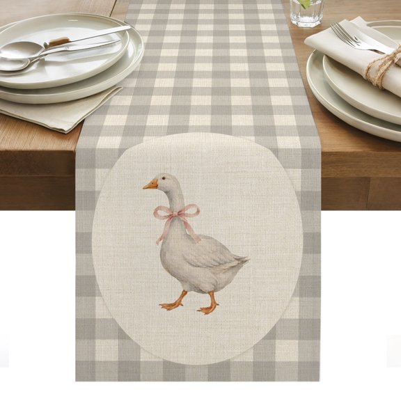 Goose Ribbon Tie Cotton Linen Table Runner Gray Plaid Modern Funny Animal Rustic Dining Table Runners for Home Decor Party Dining Room Restaurant Kitchen Party 13" x 36"