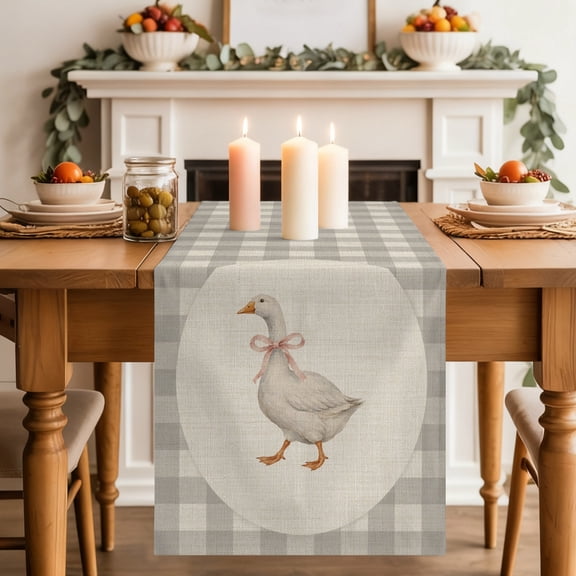 Goose Ribbon Tie Dining Table Runner, Gray Plaid Modern Funny Animal Rustic Washable Table Runners Kitchen Coffee Table Center Decor for Home Party Holiday Wedding 13 x 36 Inches