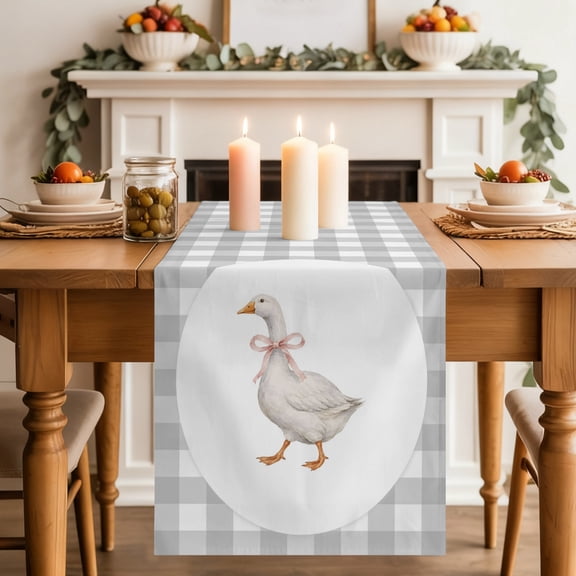 Goose Ribbon Tie Dining Table Runner, Gray Plaid Modern Funny Animal Washable Table Runners Kitchen Coffee Table Center Decor for Home Party Holiday Wedding 13 x 36 Inches