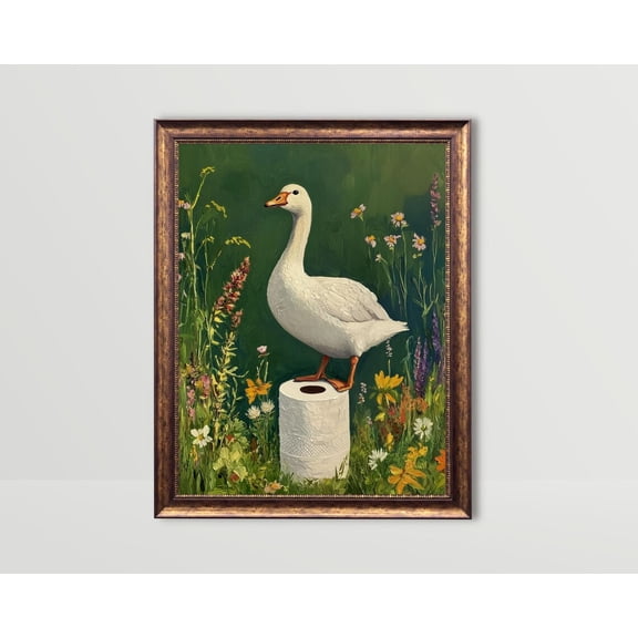 Goose Toilet Paper, Bathroom Wall Art, Toilet Paper Art, Cute Powder Room Prints Green Bath Print Fun Animal Poster Restroom, Unframed Poster Size 8x12