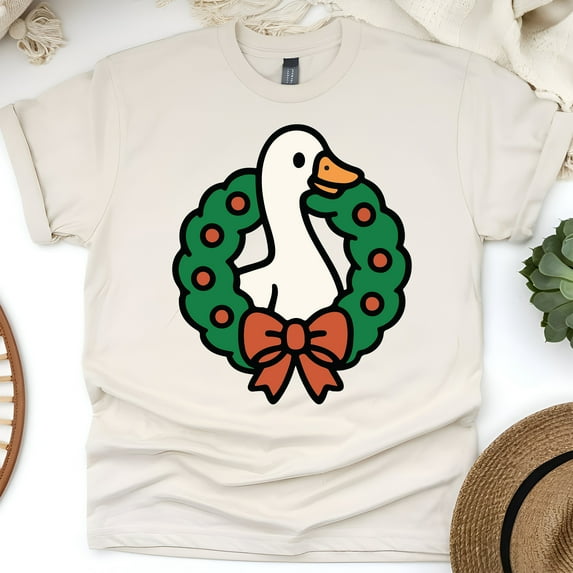 Goose Wreath Shirt | Cute Animal Graphic Tee for Adults, Natural, Size L