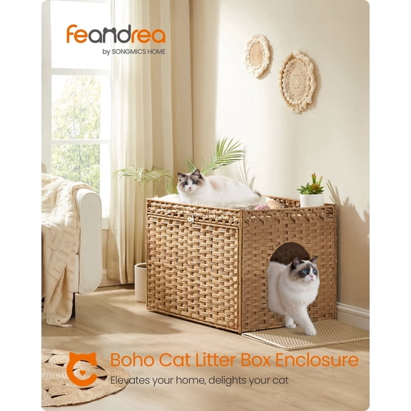 Feandrea Cat Litter Box Enclosure, Handwoven Rattan End Table, Extra Mat