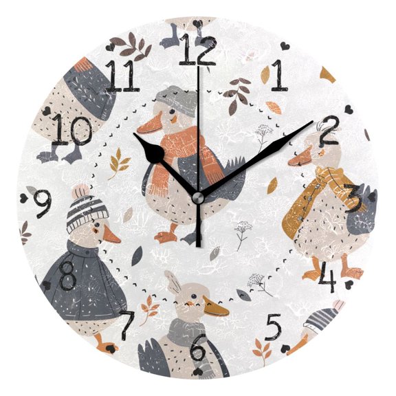 Goose in Winter Cartoon Leaves Round Wall Clock Silent Analog Battery Operated Black Pointer Home Decor 9.84" Diameter