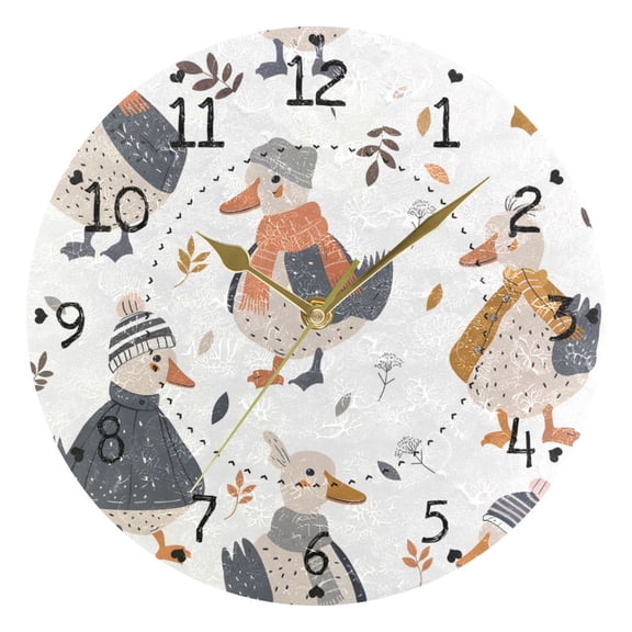 Goose in Winter Cartoon Leaves Round Wall Clock Silent Analog Battery Operated Gold Pointer Home Decor 9.84" Diameter