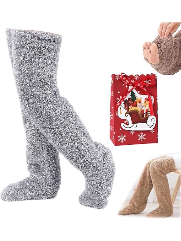 Goose down knee socks for Christmas, long, soft and warm socks up to the thigh, thick goose down knee socks for the legs, soft, warm long socks, for winter, for adults, men and women Light gray