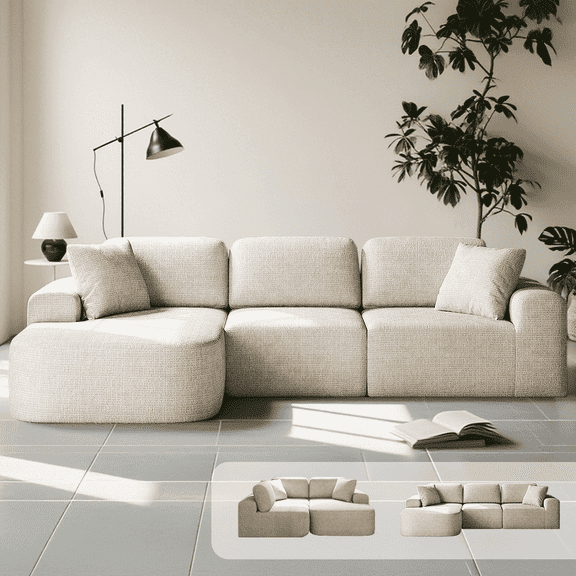 Goosea 107'' Modular Sectional Sofa with Chaise, Modern Woven Upholstery, Convertible L-Shaped Design, No Assembly Required for Living Room, Khaki