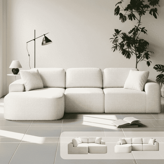 Goosea 107'' Modular Sectional Sofa, Modern Woven Upholstery, Convertible L-Shaped Design, No Assembly Required for Living Room, White
