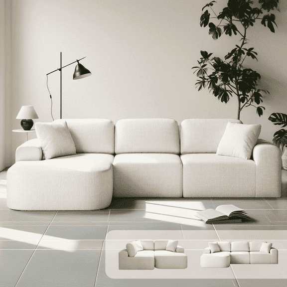 Goosea 107'' Modular Sectional Sofa with Chaise, Modern Woven Upholstery, Convertible L-Shaped Design, No Assembly Required for Living Room, White