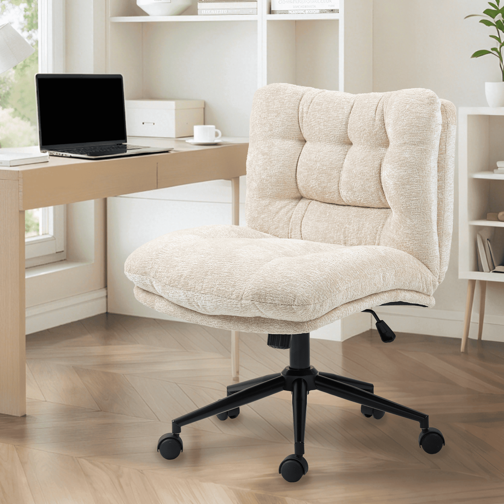 Goosea Armless Criss Cross Chairs, Premium Fabric Wide Padded Seat Office Chair，Modern Vanity Chair with Dual-Layer Cushion and Smooth-Rolling Wheels，Beige