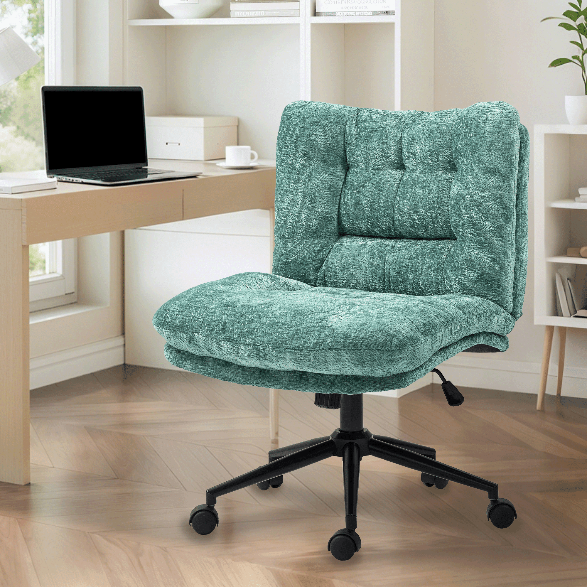 Goosea Armless Criss Cross Chairs, Premium Fabric Wide Padded Seat Office Chair，Modern Vanity Chair with Dual-Layer Cushion and Smooth-Rolling Wheels，Green