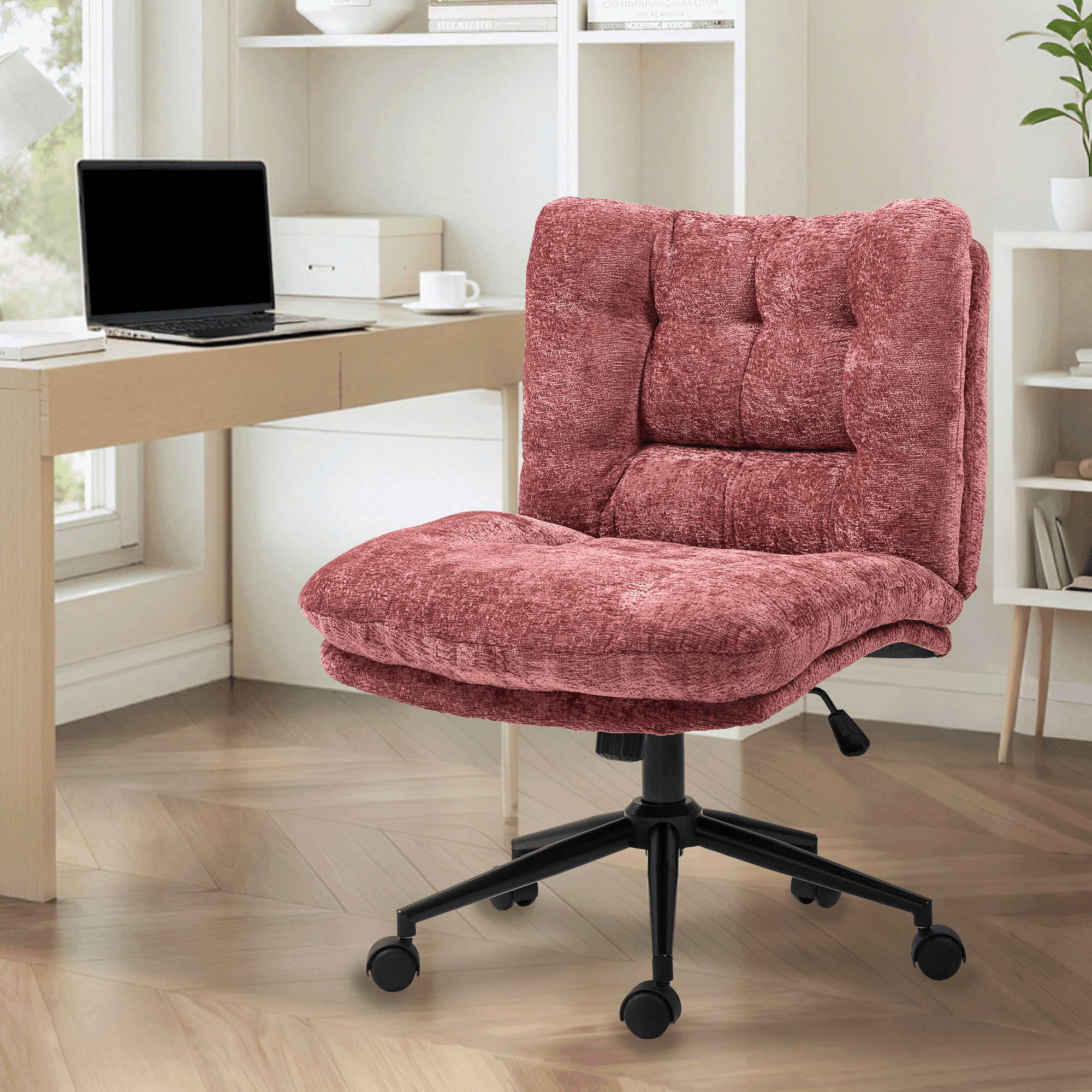 Goosea Armless Criss Cross Office Chair, Premium Fabric Wide Padded Seat Vanity Chair with Dual-Layer Cushion & Smooth-Rolling Wheels, Red