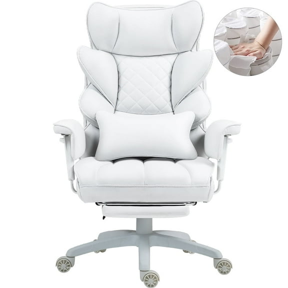 Goosea Big & Tall Office Chair - Fabric High Back Gaming/Executive Desk Chair with Pocket Spring Cushion, Adjustable Armrests, Lumbar Support & Footrest，White