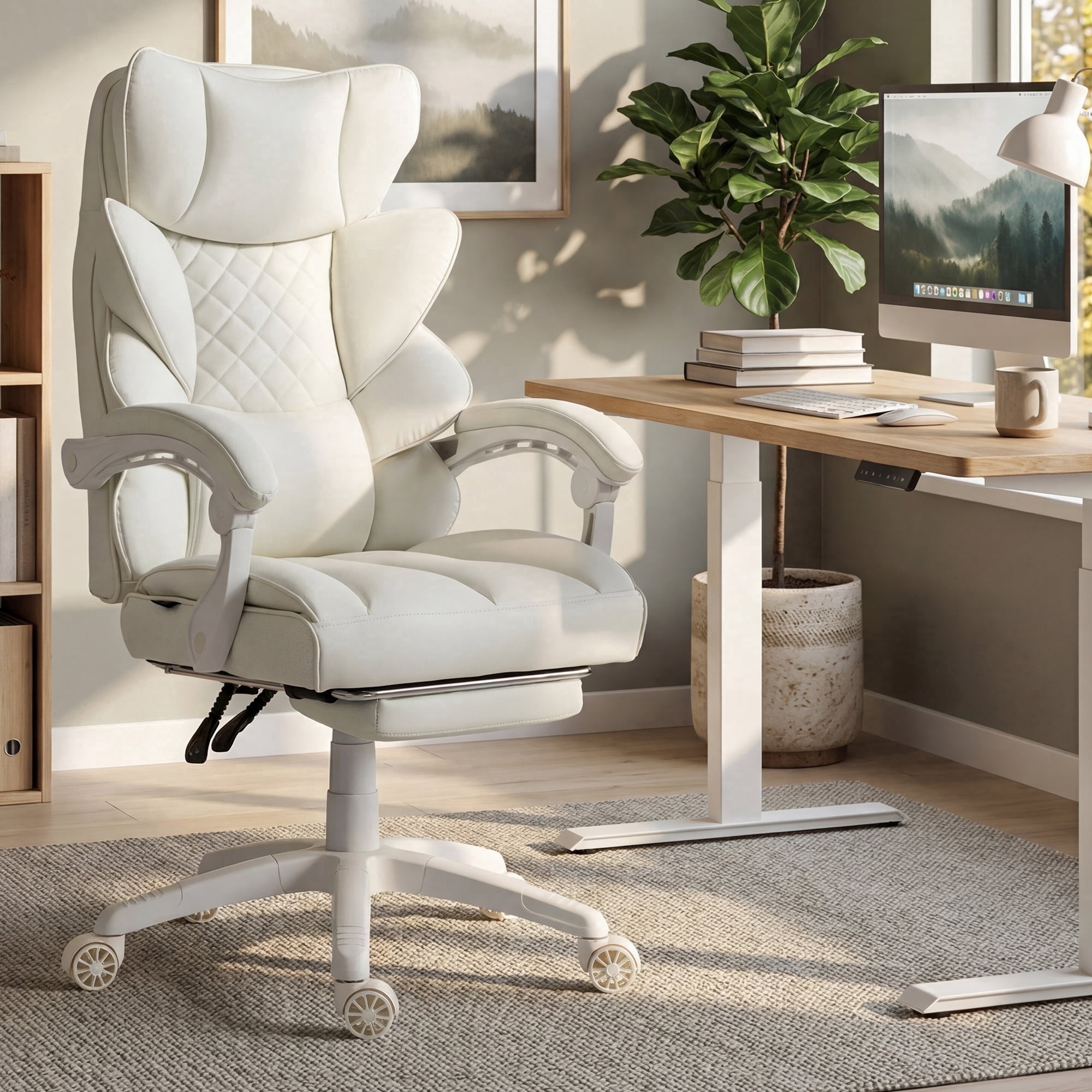 GOOSEA Adult Fabric High Back Indoor Residential Adjustable Seat Height and Lumbar Support Executive Chairs with Footrest, White