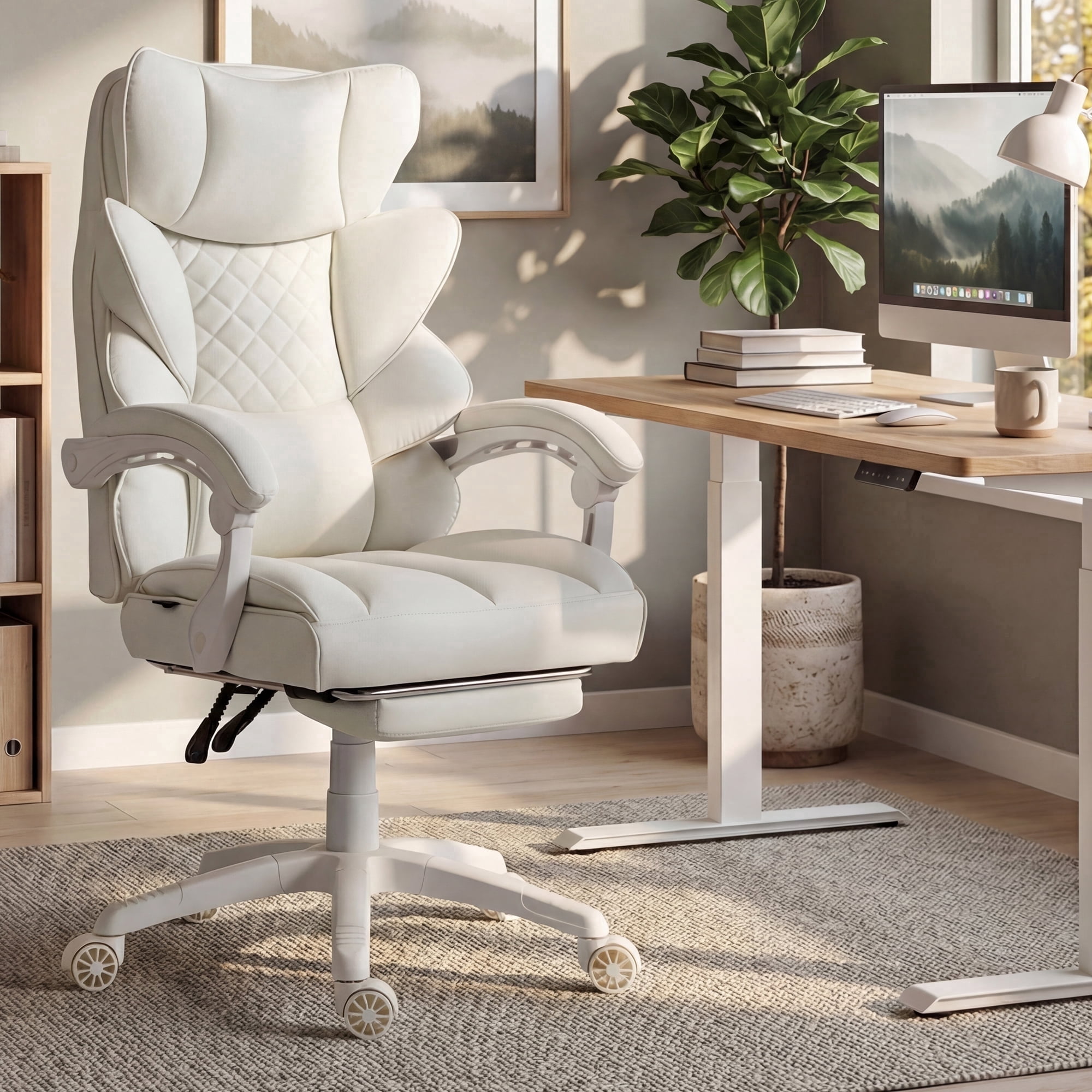 GOOSEA Adult PU High Back Indoor Residential Adjustable Seat Height and Lumbar Support Executive Chairs with Footrest, White