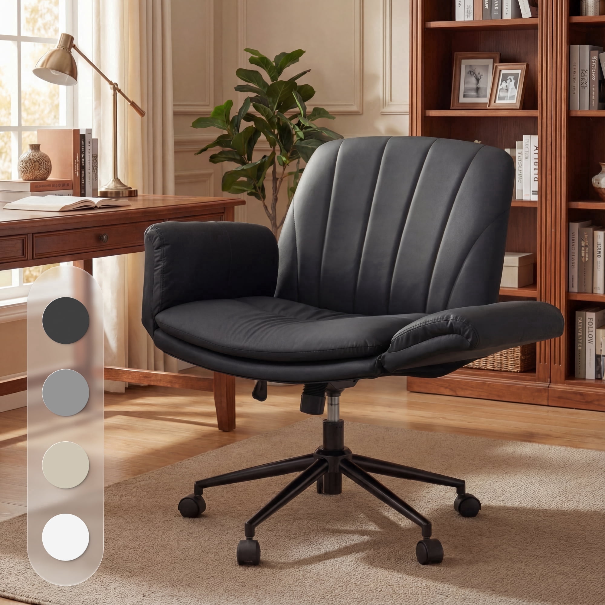 GOOSEA Adult PU Leather Criss Cross Indoor Makeup and Gaming Swivel and Adjustable Arms Office Chairs, Black