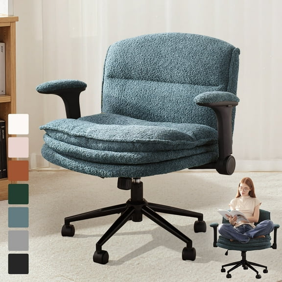 Goosea Ergonomic Armchair Office Chair, Swivel Vanity Chair with Adjustable Flip-up Arms and Wheels, Wide Seat Computer Chair with 3 Layer Cushions, Blue