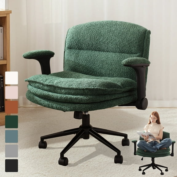 Goosea Ergonomic Armchair Office Chair, Swivel Vanity Chair with Adjustable Flip-up Arms and Wheels, Wide Seat Computer Chair with 3 Layer Cushions, Green