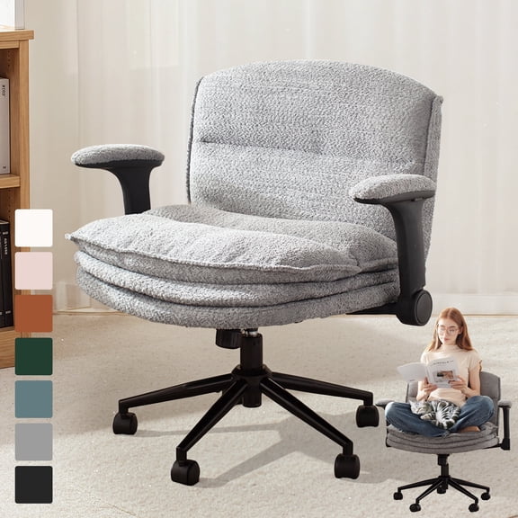 Goosea Ergonomic Armchair Office Chair, Swivel Vanity Chair with Adjustable Flip-up Arms and Wheels, Wide Seat Computer Chair with 3 Layer Cushions, Grey