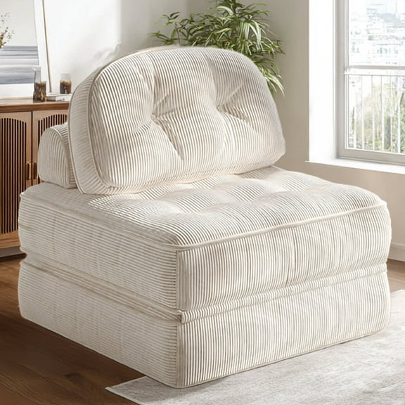 Goosea Folding Sofa Bed with Pillow, Convertible Comfy Couch Bed for Adults, Modern Ribbed Design for Apartment Living Room and Bedroom, Single Size, Beige