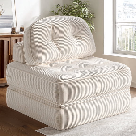 Goosea Folding Sofa Bed with Pillow, Convertible Comfy Couch Bed for Adults, Modern Ribbed Design for Apartment Living Room and Bedroom, Single Size, Beige