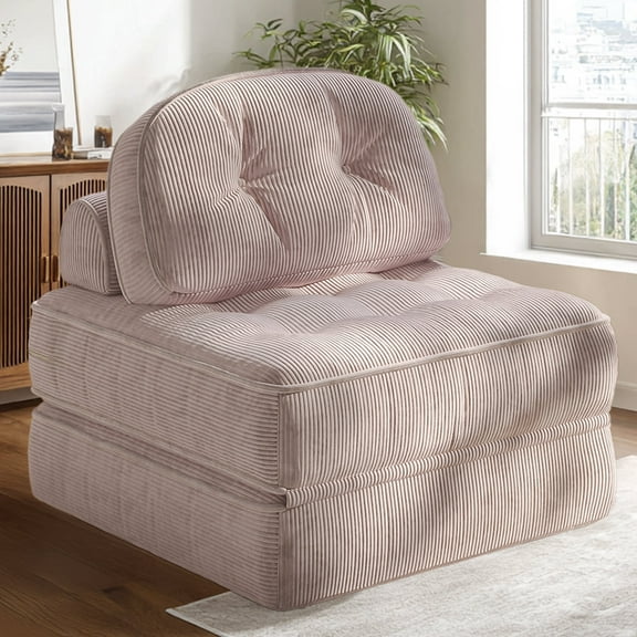 Goosea Folding Sofa Bed with Pillow, Convertible Comfy Couch Bed for Adults, Modern Ribbed Design for Apartment Living Room and Bedroom, Single Size, Pink