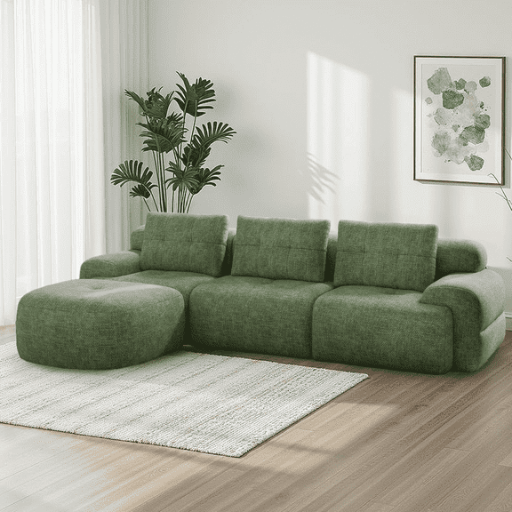 Goosea Oversized 112'' Modular Sectional Sofa with Chaise, Full Foam Structure for Comfort, Woven Texture Upholstery, Modern Living Room Couch, Compression Packaging Design, Green