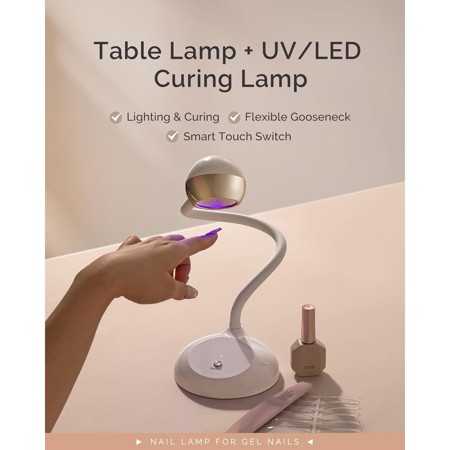 Gooseneck Cordless UV Nail Lamp with Adjustable Light Angle, S-Pro09M 2-In-1 Rechargeable Fast Curing Nail Dryer Cures All Gels, Especially Rhinestone Glue & Liner Gel Polish