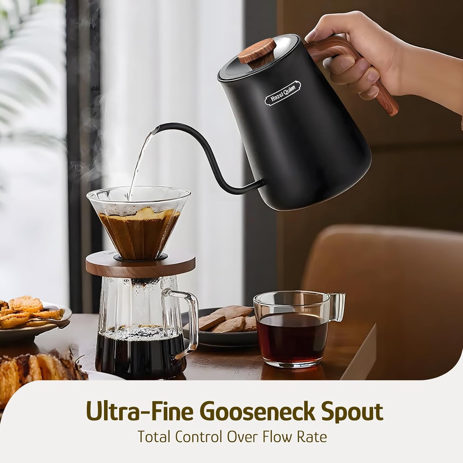 Gooseneck Electric Kettle - 0.8L Precise Temp Control, 4H Keep Warm, 1000W Fast Boil, 304 Stainless Steel Interior for Coffee & Tea Brewing - Black