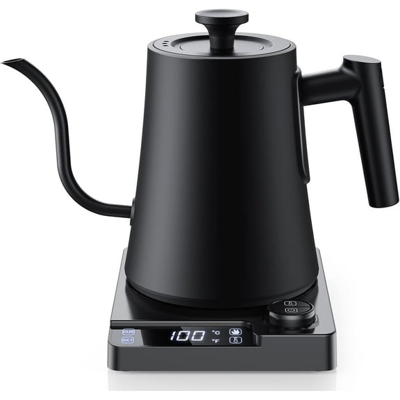 Gooseneck Electric Kettle with 1 Precision Temperature Control for Pour Over Coffee & Tea Rapid Boil 304 Stainless Steel Built-in Brew Timer 1200W 1.0L
