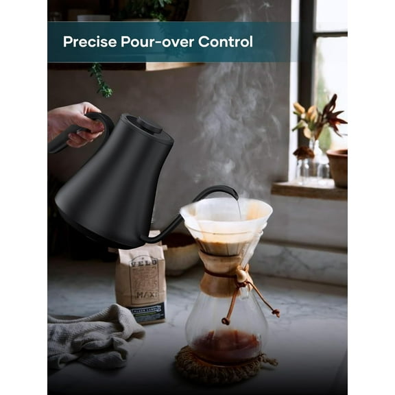 Gooseneck Electric Kettle with ±1 ℉ Temperature Control for Pour Over Coffee & Tea, Quick Heating, BPA-Free Stainless Steel, Built-in Brew Timer, 1500W/0.9L (Ebony Black)