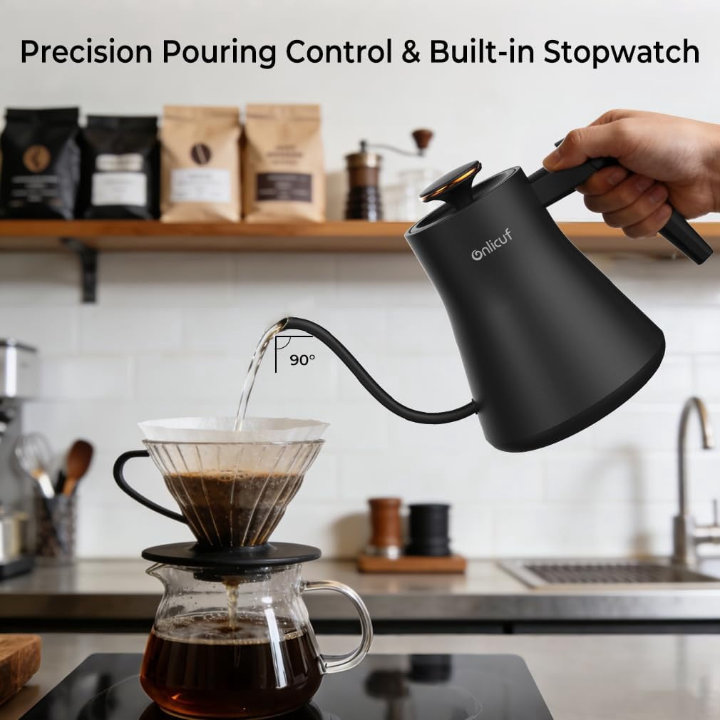 Gooseneck Electric Kettle with 7 Presets & ±1 ° F Precision Temperature Control, Pour Over Coffee & Tea Kettle, Hot Water Boiler, Stainless Steel Inner, 1000W/0.8L, Matte Black
