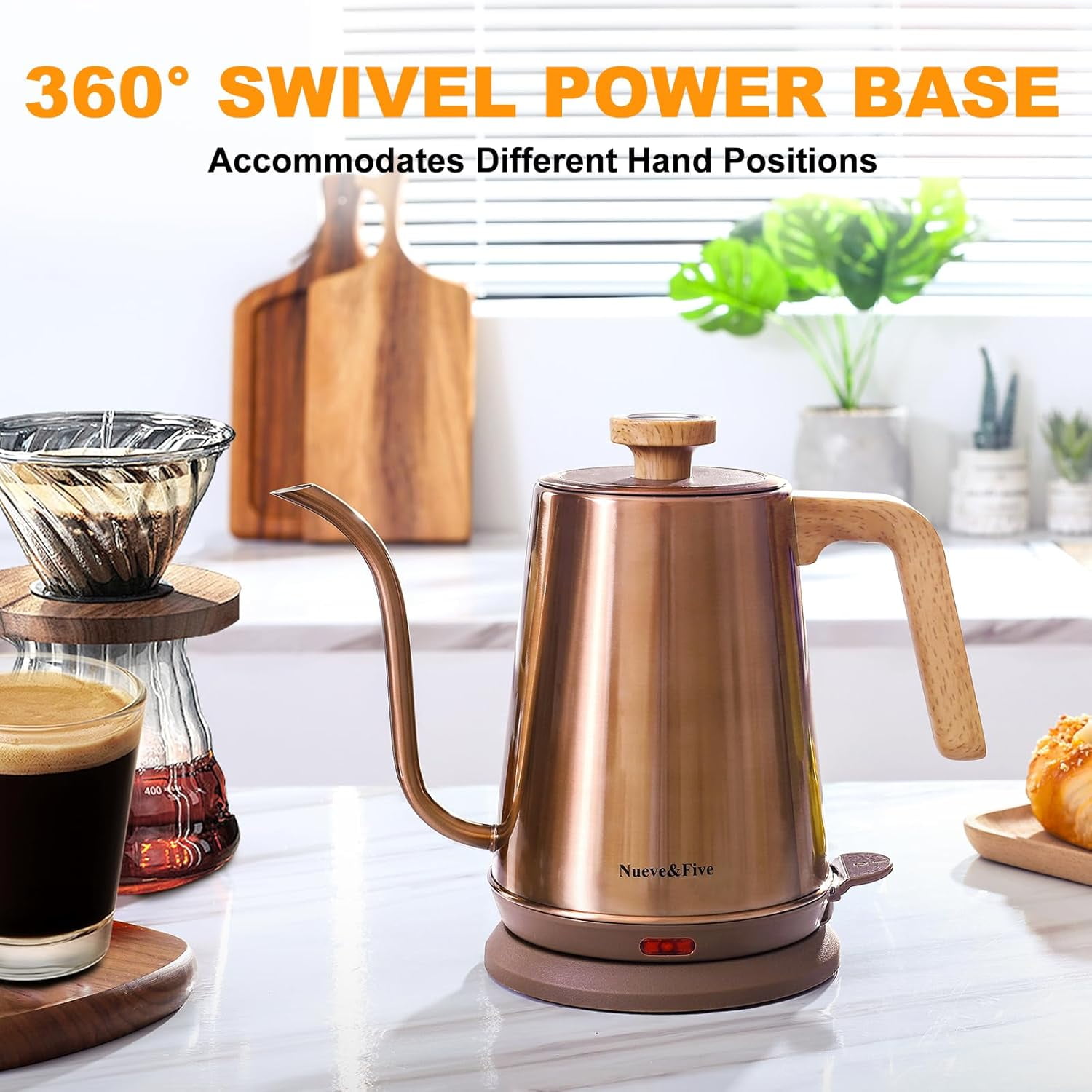 Gooseneck Electric Kettle with Thermometer, Copper Tea Kettle with Auto Shut-Off, 1000W Hot Water Kettle Electric of Stainless Steel