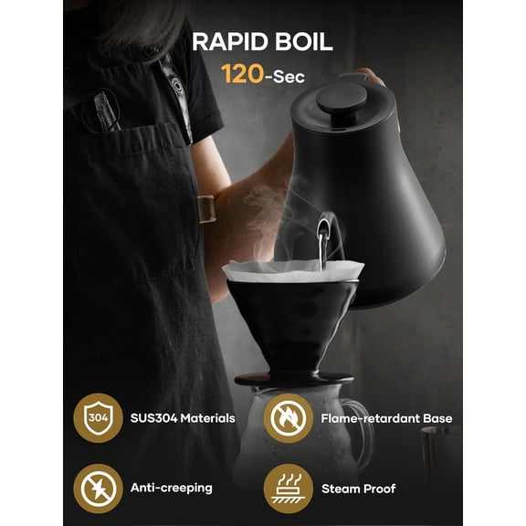 Gooseneck Electric Kettle with Precise Temperature Control for Pour Over Coffee and Tea, 0.9L Stainless Steel Inner, Digital Display, Black