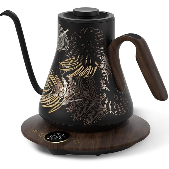 Gooseneck Electric Kettle with +-1? Temperature Control for Pour Over Coffee & , Quick Heating, Stainless Steel, Built-in Brew Timer, 1500W/0.9L (Rainforest)