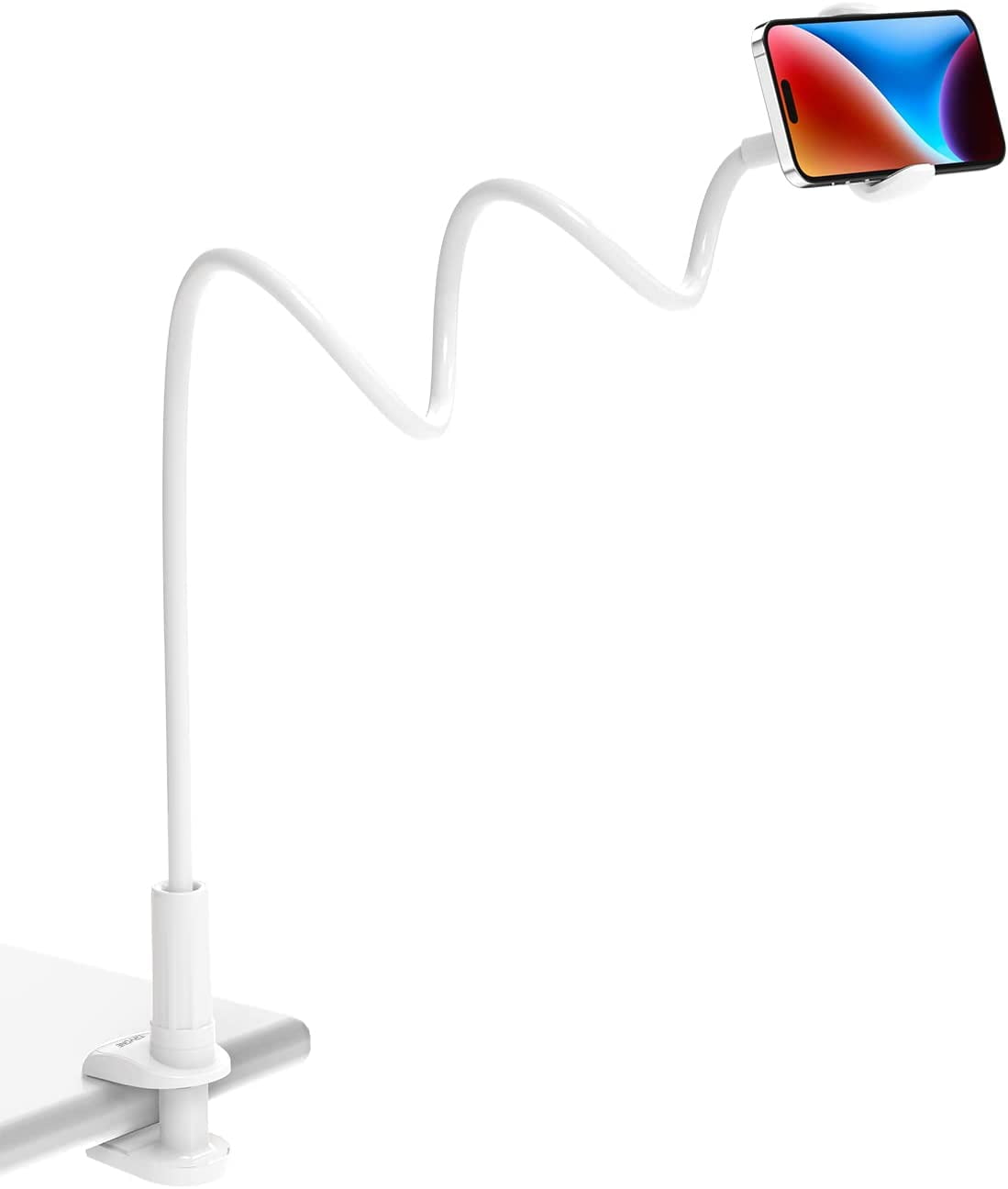 Gooseneck Phone Holder Stand for Bed Flexible Arm Adjustable Cell Phones Mount Clamp on Desk Bedframe Compatible with iPhone 14 Pro Max 13 12 11 X SE Series/Samsung S22 or Other 4"-7" Devices