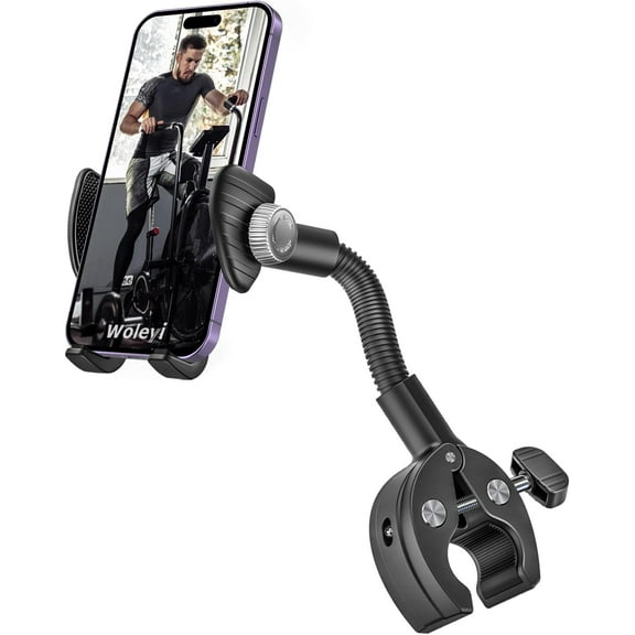 Gooseneck Spin Bike Phone Holder, Cell Phone Mount Exercise Bike Handlebar Clamp for Stationary Bicycle, Treadmill, Microphone Stand, for iPhone Air 17 Pro Max 16 15 14 13 12, S25, 4.7-7" Smartphones
