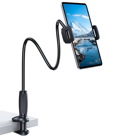 Lucrave Gooseneck Tablet Holder for iPad & Kindle, Flexible Arm Tablet Stand Clip Tablet Mount Compatible with iPad Pro Air Mini, Galaxy Tab, Switch, iPhone More 4.7-11" Device - Black