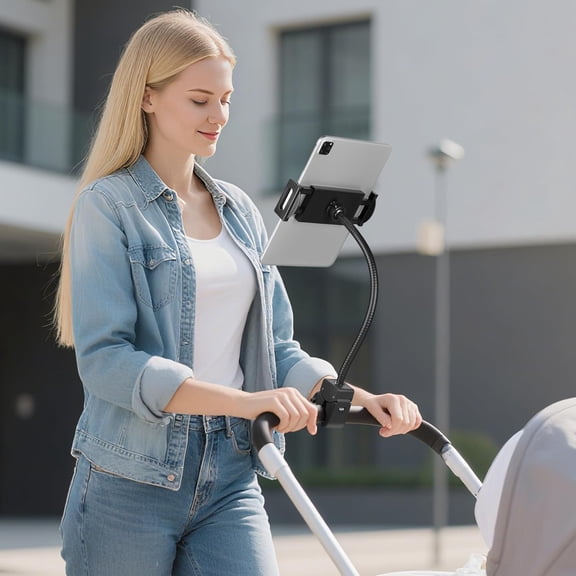 Gooseneck tablet stand, suitable for strollers/bicycles/golf carts/boats/microphone stands/wheelchairs/exercise bike handles, compatible with 4.7-12.9 inch tablets and smartphones, Galaxy, e-readers